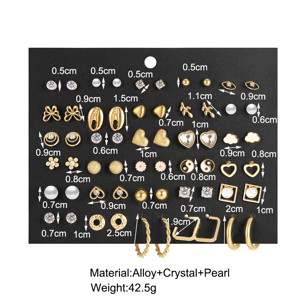 New heart-shaped floral rhinestone earring set, 30-piece European and American style simple and retro stud earrings wholesale details Picture