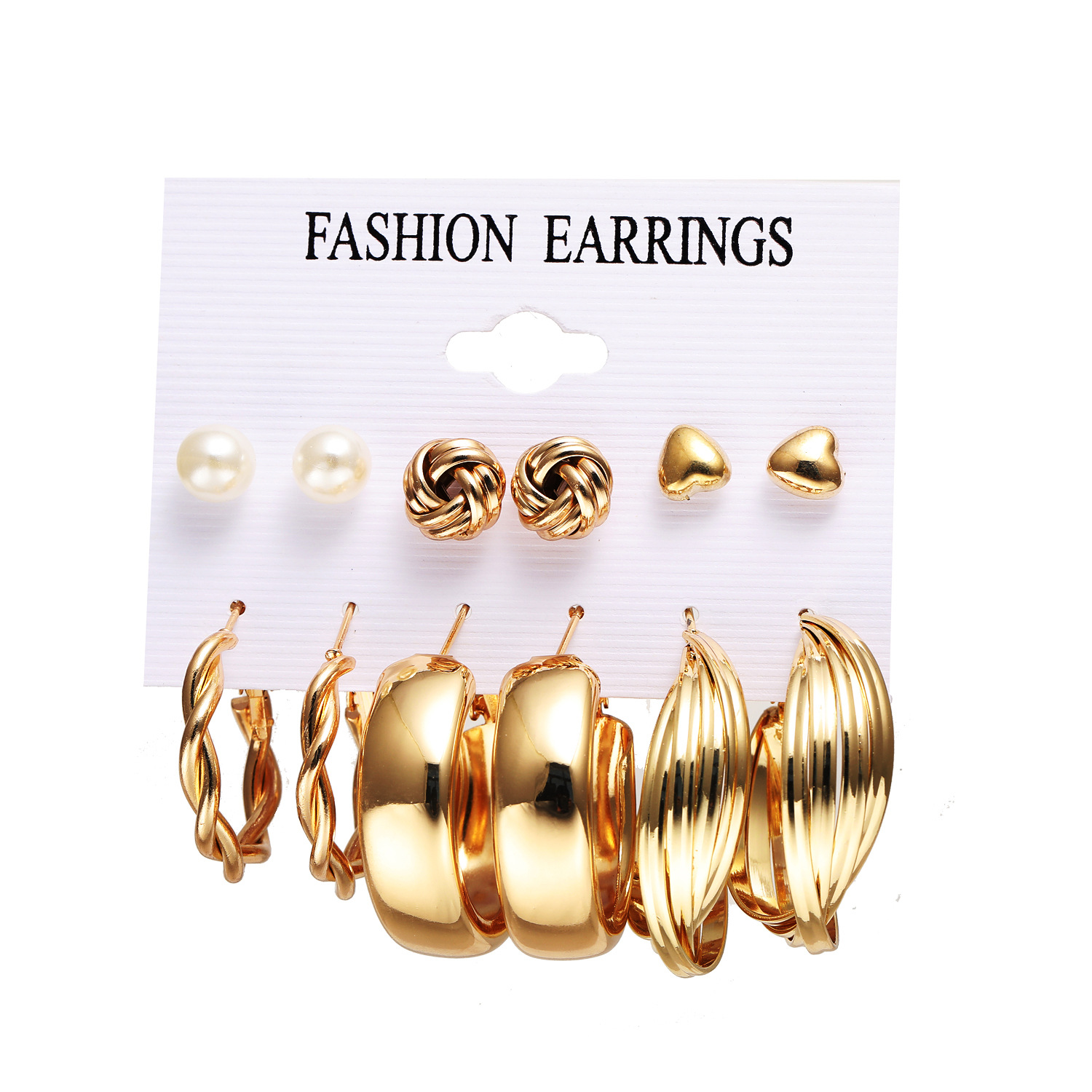 A 6-piece set of punk gold earrings with creative metal elements and geometric gold stud earrings for the cross-border Personality Month in Europe and America Item Picture