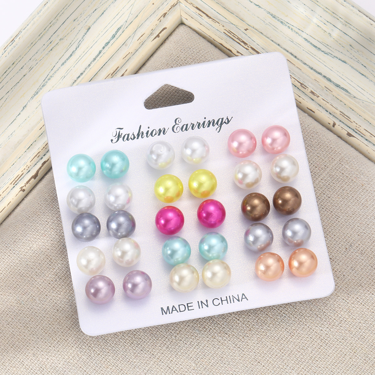 Cross-border best-selling geometric colored dopamine stud earrings, simple and elegant artificial pearl stud set of 15 pieces Specification drawing