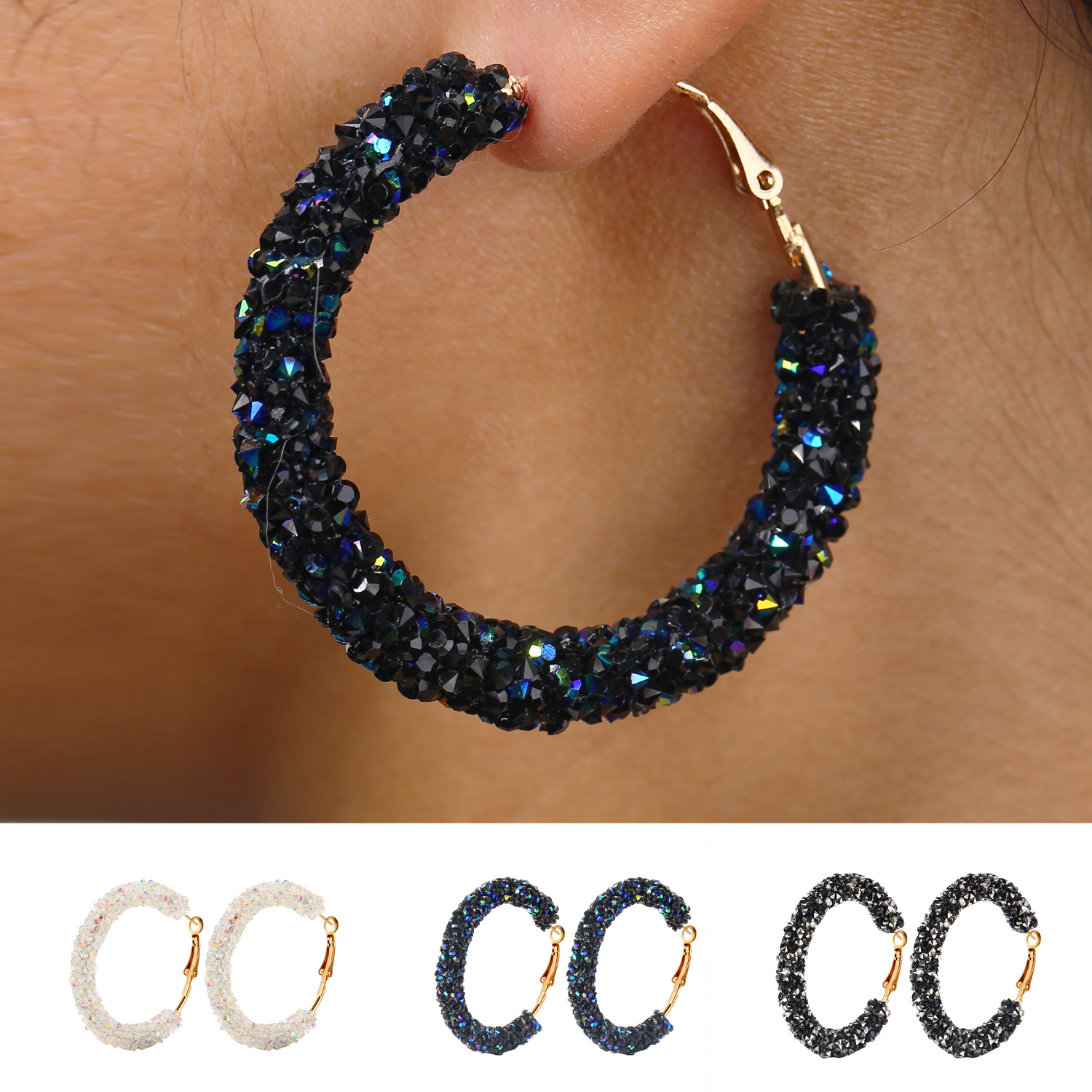 Popular cross-border fashionable, simple, individual, retro and exaggerated earrings from Europe and America, creative circle crystal earrings for women details Picture
