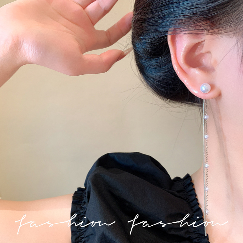 Sweet Japanese and Korean earrings for women 2025 New bestsellers Pearl tassel ear strings, fashionable and elegant earrings and earrings, high-end feel Specification drawing