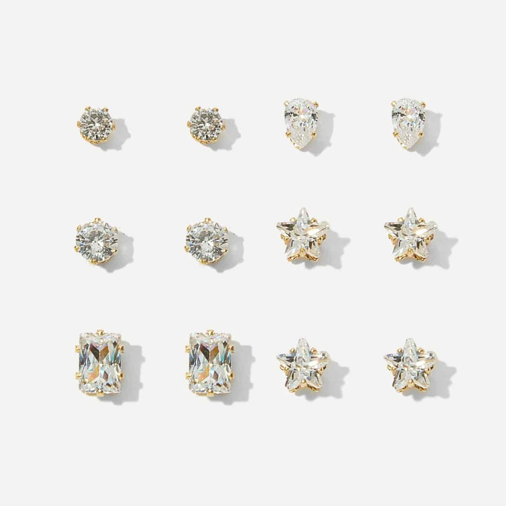 Six pairs of fashionable and elegant zircon earrings featuring five-pointed stars, hearts and geometric shapes, which are popular in European and American foreign trade details Picture