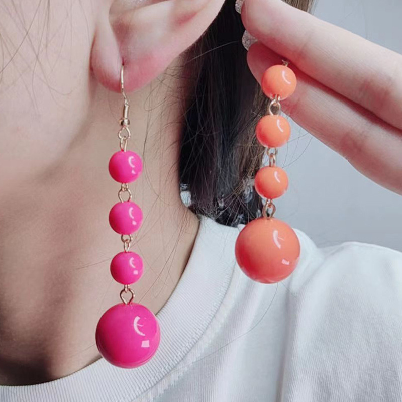 Japanese and Korean style simple candy-colored large and small round bead acrylic stud earrings, long exaggerated earrings and earrings for women details Picture