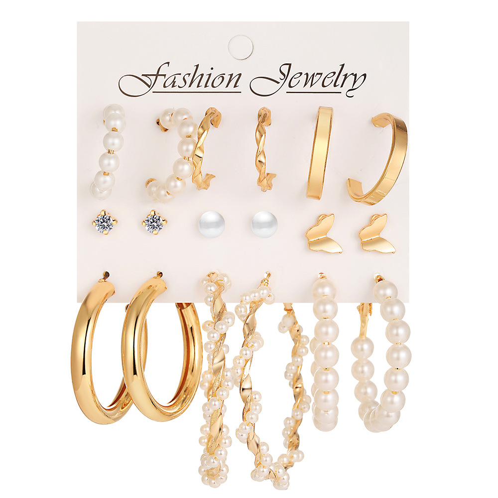 New creative butterfly stud 9-piece set, simple C-shaped earrings, women's wrapped pearl imitation earrings, high-end feel wholesale Item Picture