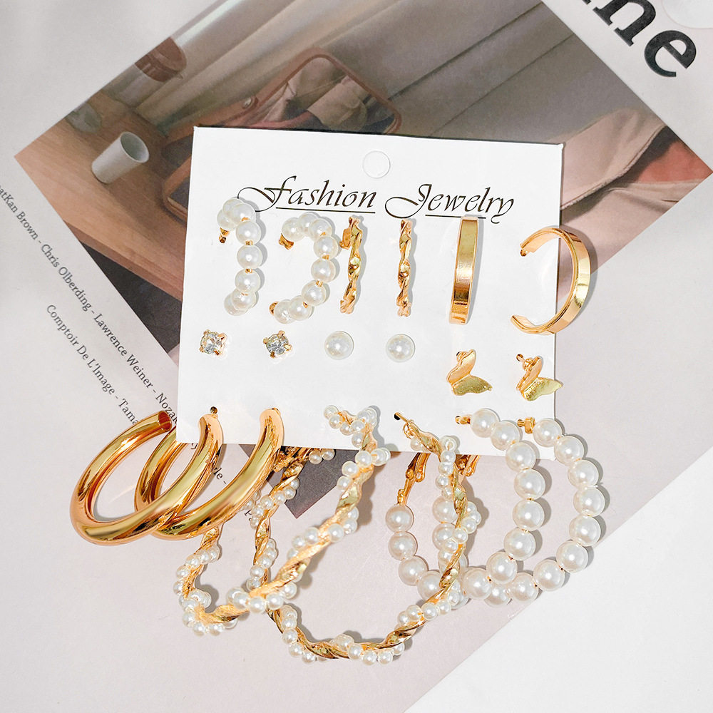 New creative butterfly stud 9-piece set, simple C-shaped earrings, women's wrapped pearl imitation earrings, high-end feel wholesale Specification drawing