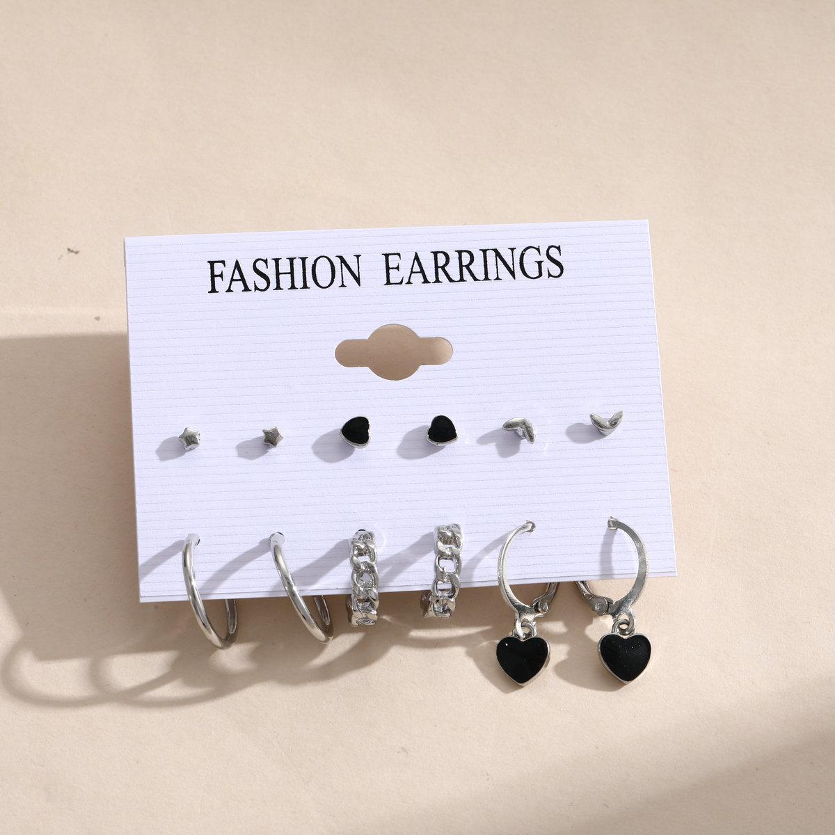 Cross-border European and American style stainless steel silver circle earrings, ear buckles, women's niche design, fashionable and trendy heart six-piece set Specification drawing