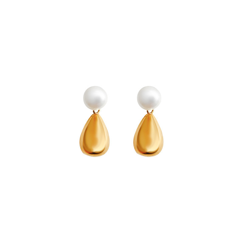 French pearl water drop high-end earrings, unique and niche two-color spliced pure silver stud earrings, retro Baroque earrings Item Picture