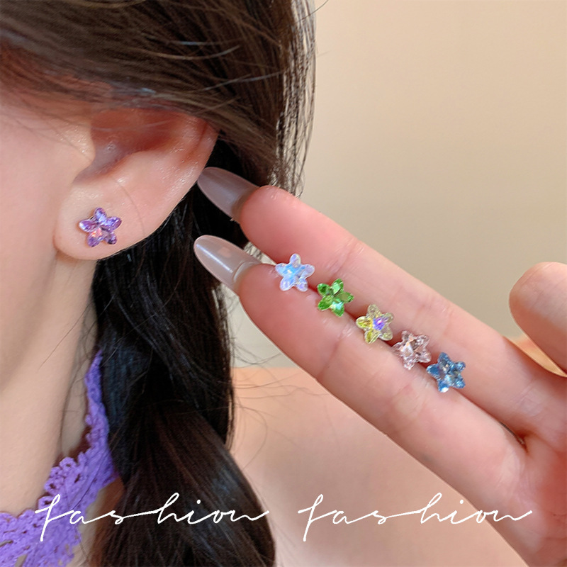 Colorful Zircon star Stud earrings for Women 2025 New bestseller, small and versatile ear-nourishing earrings, exquisite and high-end earrings Specification drawing