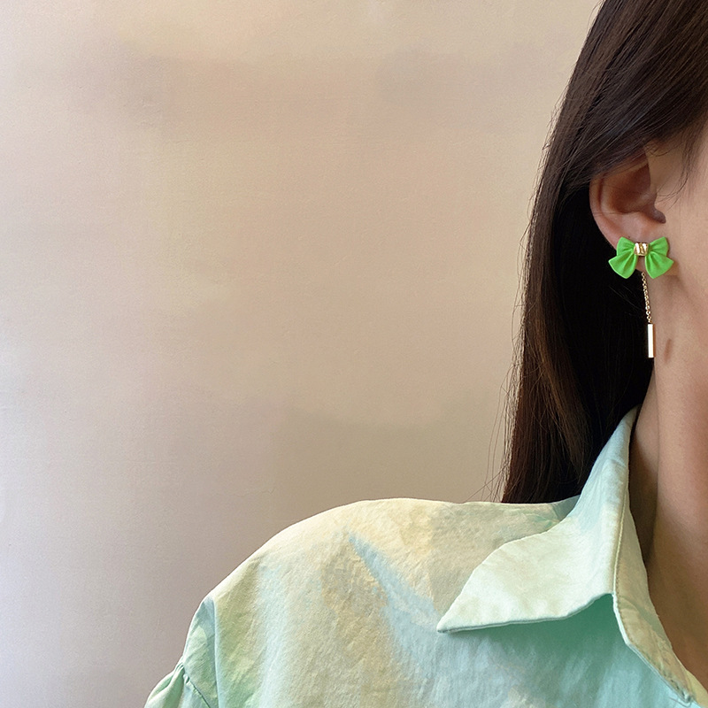 Bow earrings, versatile long tassel stud earrings, green forest-themed exquisite and fashionable earrings for women, 925 silver needle wholesale Application Scenario