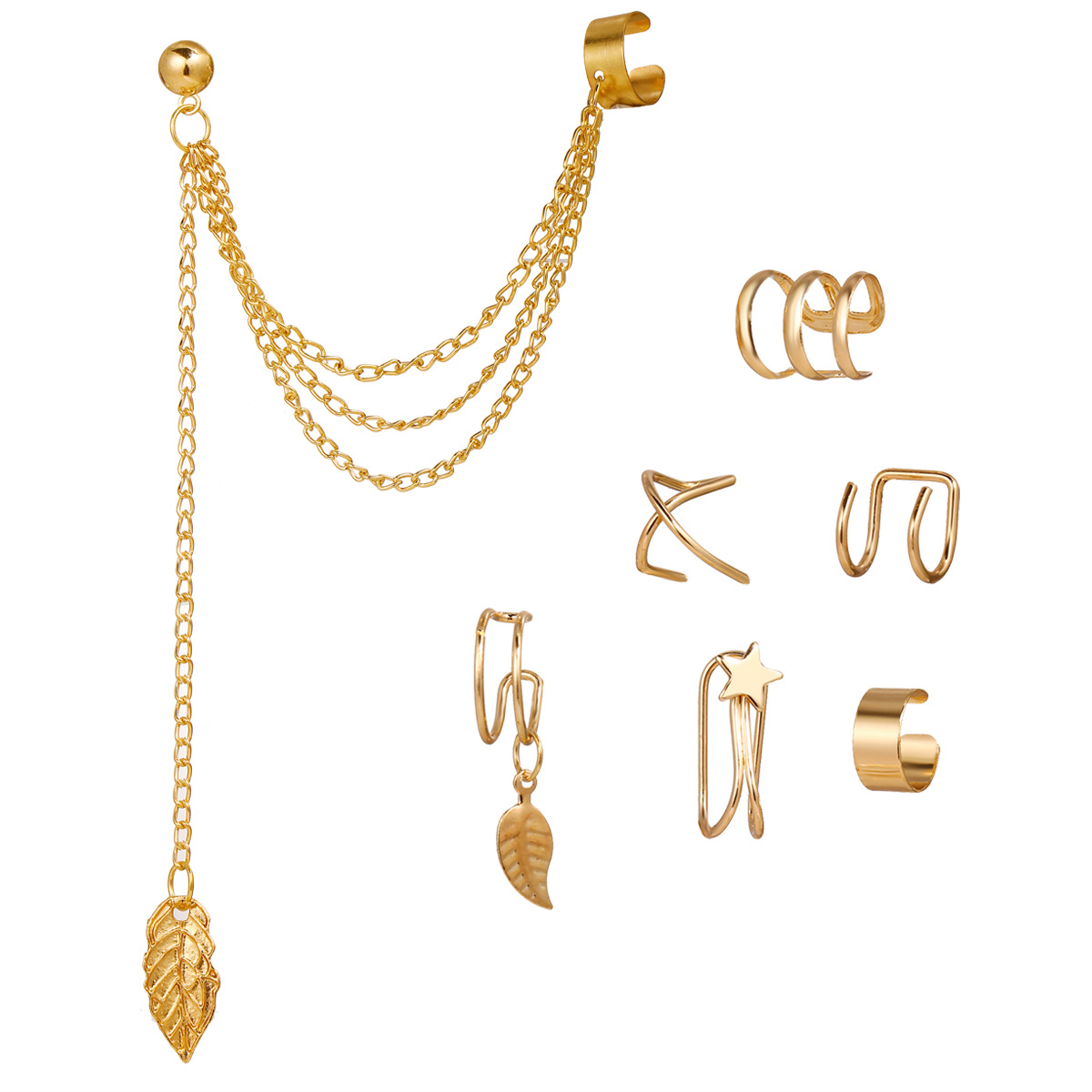 Cross-border European and American ins style 5-piece creative, individual and fashionable cartilage leaf double-layer earless stud and ear clip set Specification drawing