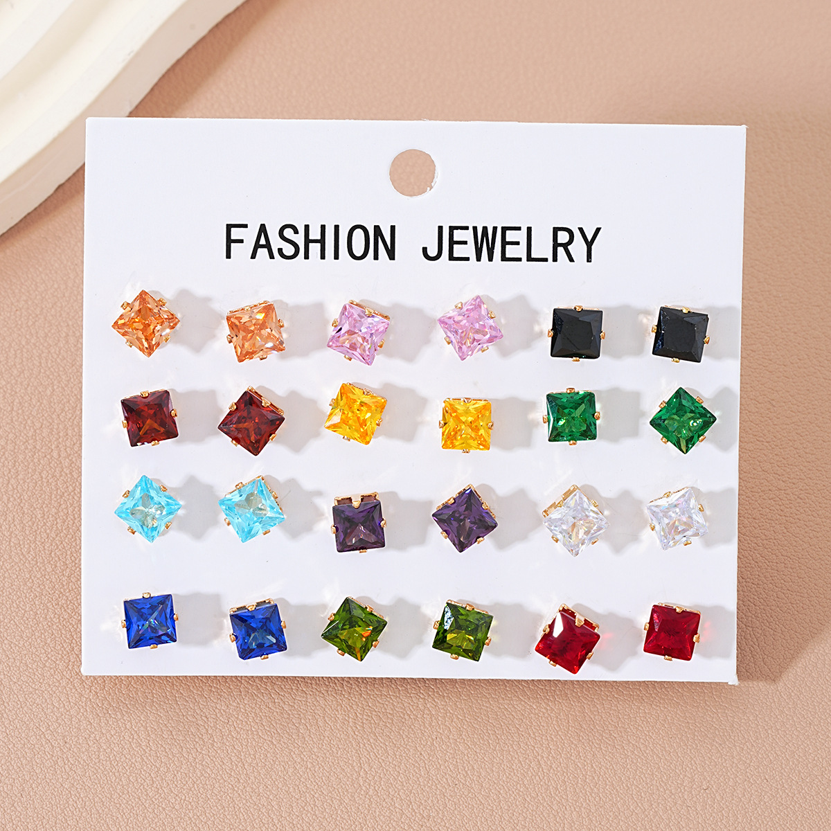 A set of 12 pieces of fashionable, colorful square zirconia stud earrings from Europe and America, featuring a unique and elegant dopamine high-end earrings Application Scenario