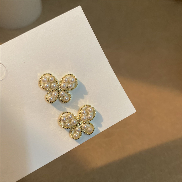 New trendy and simple bow pearl stud earrings, trendy and stylish small earrings, pure silver needle Korean earrings Specification drawing
