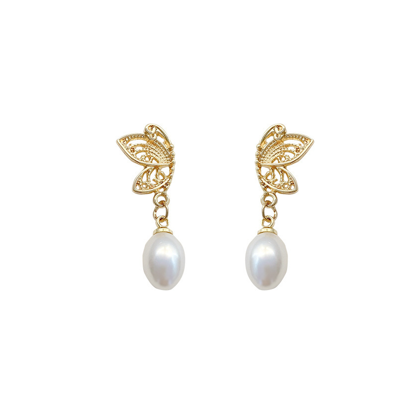 S925 Korean version stud earrings, retro butterfly pearl hollowed-out diamond earrings, feminine and simple design sense earrings Item Picture