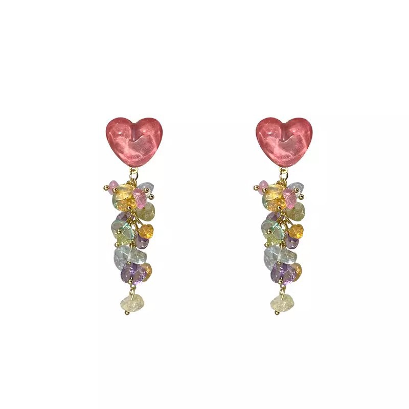 Summer colorful heart-shaped crystal tassel earrings are cute and sweet. The crushed stone stud earrings are a niche design with a unique sense of style Item Picture