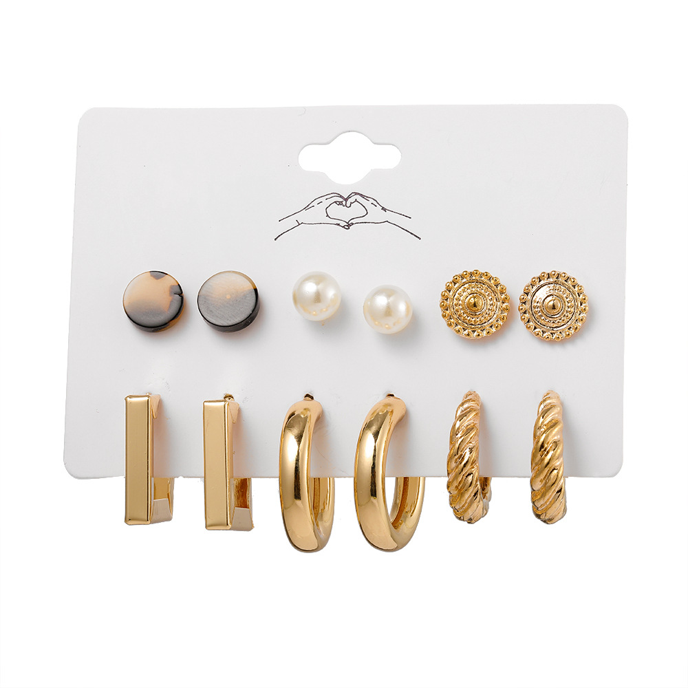 Cross-border imitation pearl leopard print acrylic stud earrings creative retro gold geometric twist earrings set of 6 pairs Item Picture