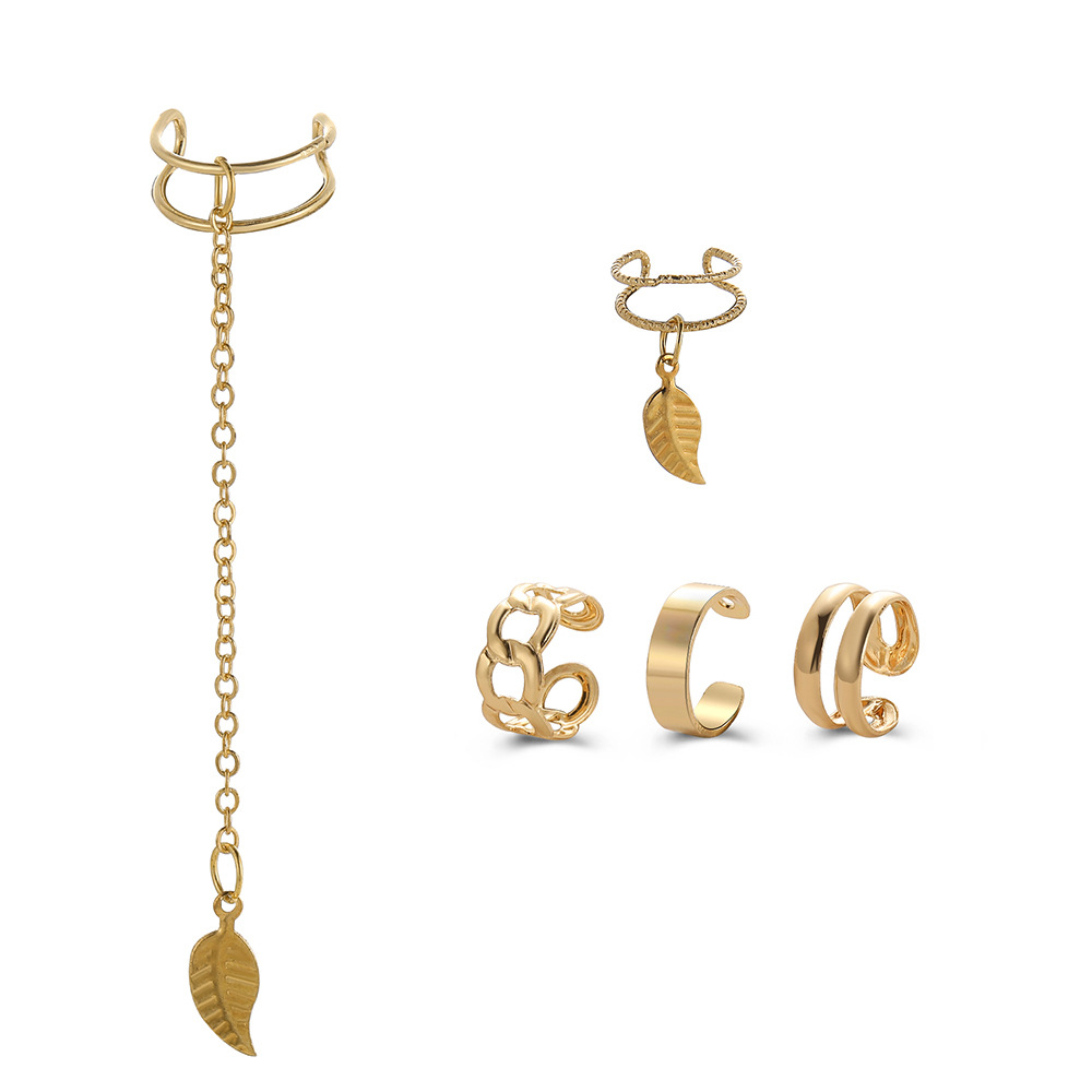 Cross-border Leaf no-ear hole Ear Bone Clip Set of 5 pieces, creative and personalized golden chain double-layer metal C-shaped ear clips Item Picture