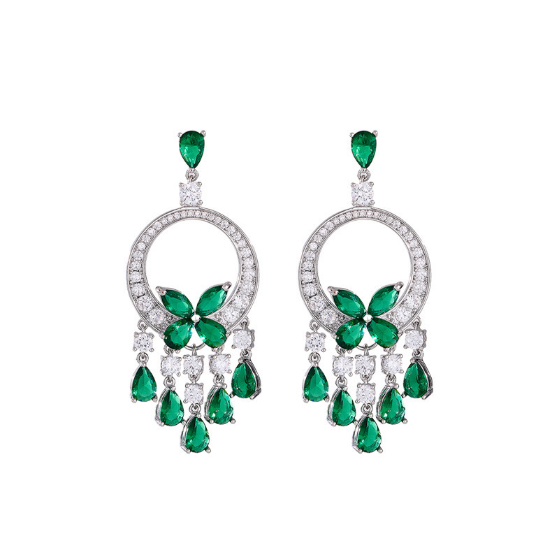 Super heavy industry diamond-encrusted green butterfly tassel earrings, women's light luxury and high-end elegance, stud earrings paired with evening dress earrings Item Picture