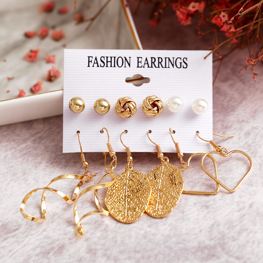 F1640 Hanzhishang European and American Cross-border Creative New Leaf Artificial Pearl Tassel Ear Stud 6-piece Set Earrings Specification drawing
