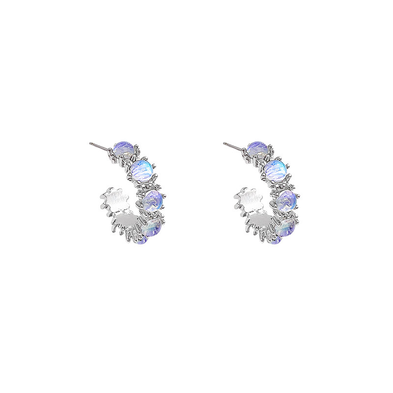 Silver needle light luxury high-end earrings, moonstone liquid zircon C-shaped circle stud earrings, high-end exquisite and personalized earrings Item Picture