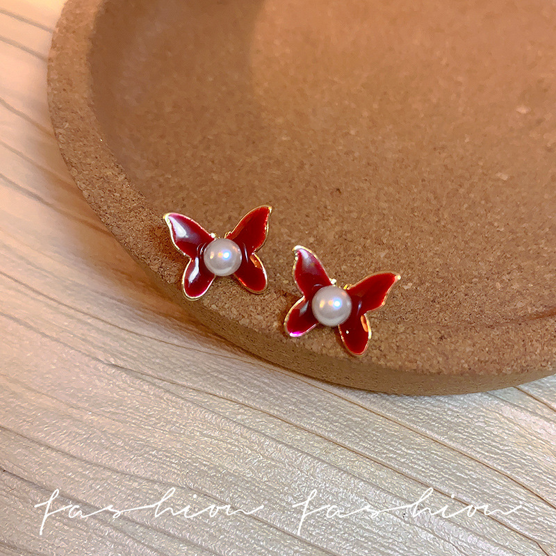 Reddish-brown oil-dripping bow stud earrings for women, retro and light luxury pearl earrings, sweet and elegant, small and exquisite earrings Specification drawing