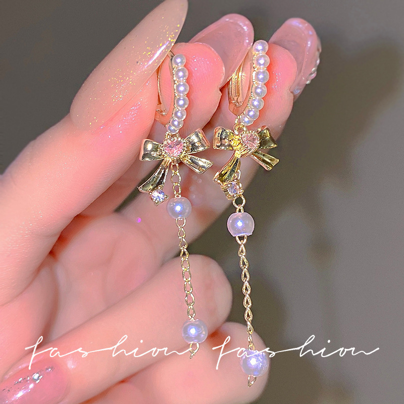 Micro-inlay zircon bow pearl long tassel earrings for women, s925 silver needle, super ethereal and elegant earrings, internet-famous earrings full figure