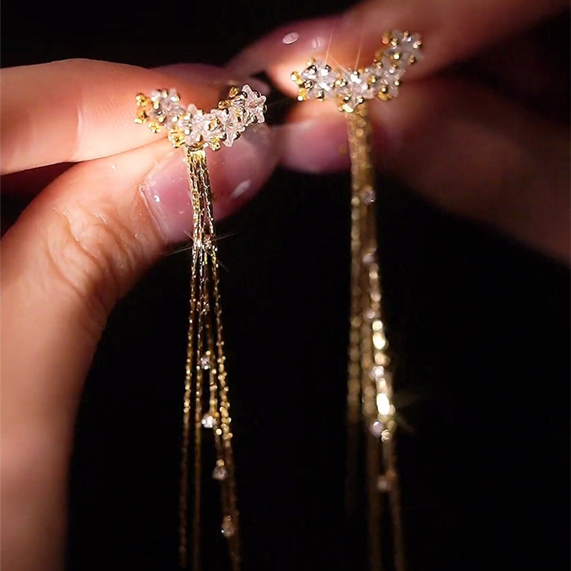 925 Silver needle micro-inlaid zircon long tassel earrings, a two-wear design for women, a versatile and trendy earring accessory details Picture