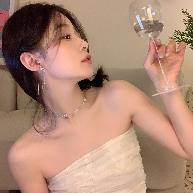 Asymmetrical butterfly-shaped long tassel earrings for women, with a niche design sense and a light luxury style, are trendy ear studs and earrings for internet-famous girls Specification drawing