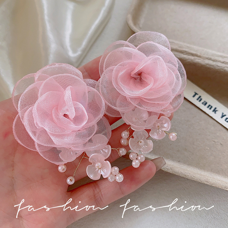 Sweet woven lace flower bead-like tassel silver needle earrings, elegant and vacation-style, high-end earrings for women Specification drawing