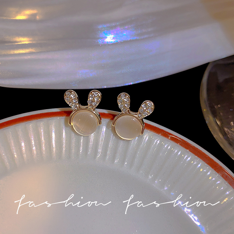 S925 Silver Needle Korean cute cat's eye Stone Rabbit 2025 New Style Trendy and stylish trendy small stud earrings for women Specification drawing