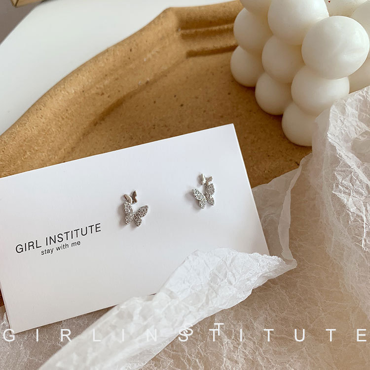 S925 silver needle stud earrings, Dongdaemun, South Korea, water diamond dynamic butterfly earrings, female Internet celebrity, super ethereal and fashionable earrings details Picture