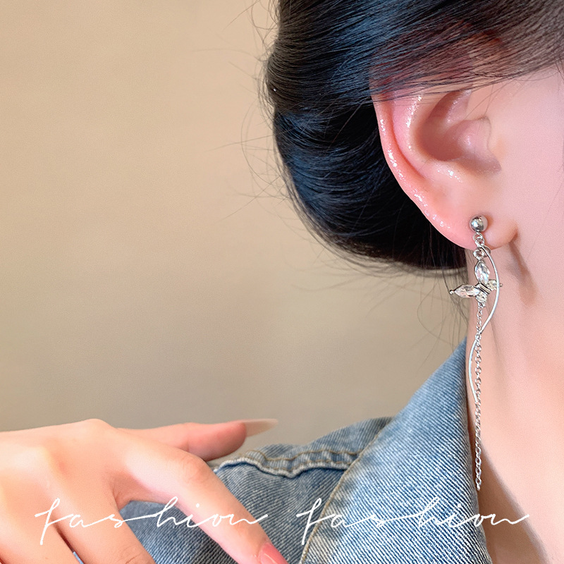 Super ethereal butterfly tassel stud earrings, feminine charm, Korean personality, long and slimming earrings that make the face look slimmer, light luxury and high-end earrings Specification drawing
