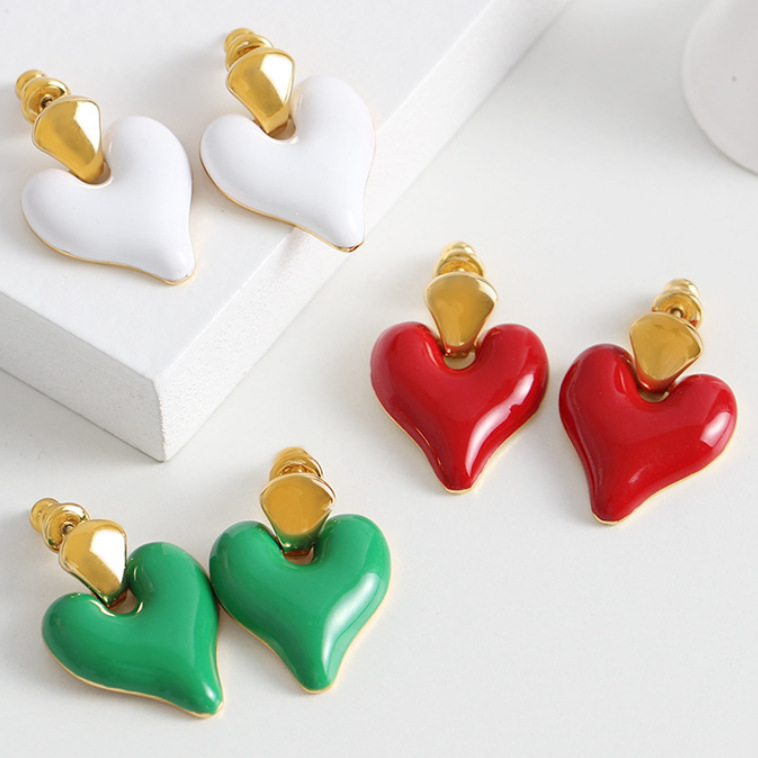 S925 Silver Needle New Style European and American ins retro colored oil drop heart earrings, feminine texture, factory wholesale full figure