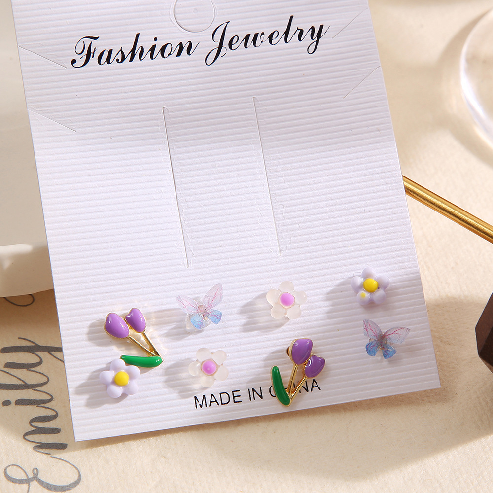 New cross-border ins colorful fruit, butterfly and flower stud 8-piece set of creative small accessories crystal card earrings Specification drawing
