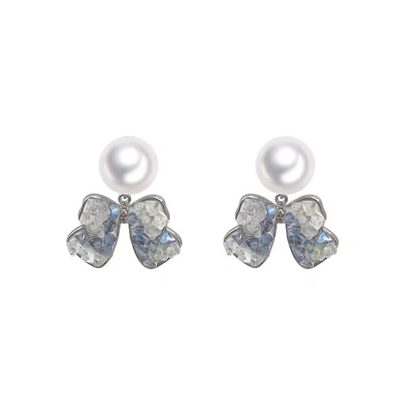 Blue gradient bow pearl stud earrings for women, a light luxury and high-end style earring, a new bestseller in 2025 Item Picture