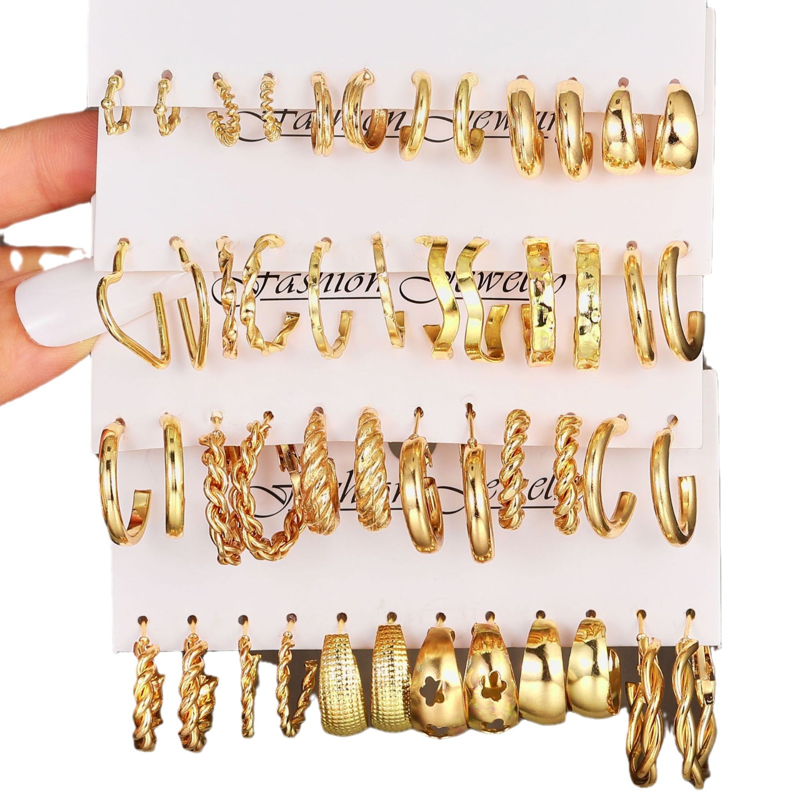 A new 24-piece set of cross-border metal C-shaped alloy heart-shaped earrings from Europe and America, featuring creative geometric twisted ear loops Item Picture