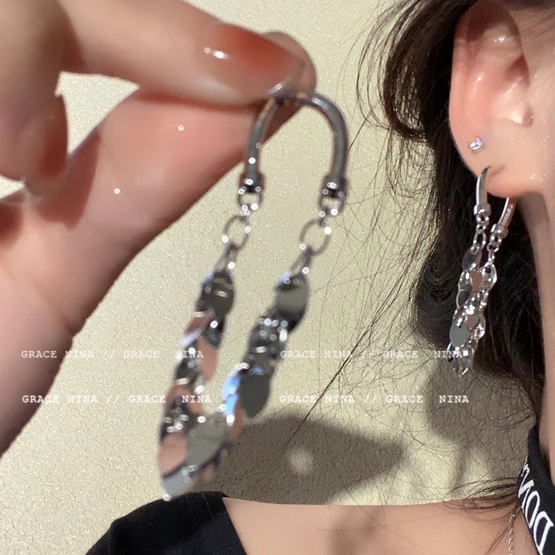 Long silver sequined tassel stud earrings for women, light luxury, high-end fashion earrings, niche, individual, exaggerated and unique earrings full figure
