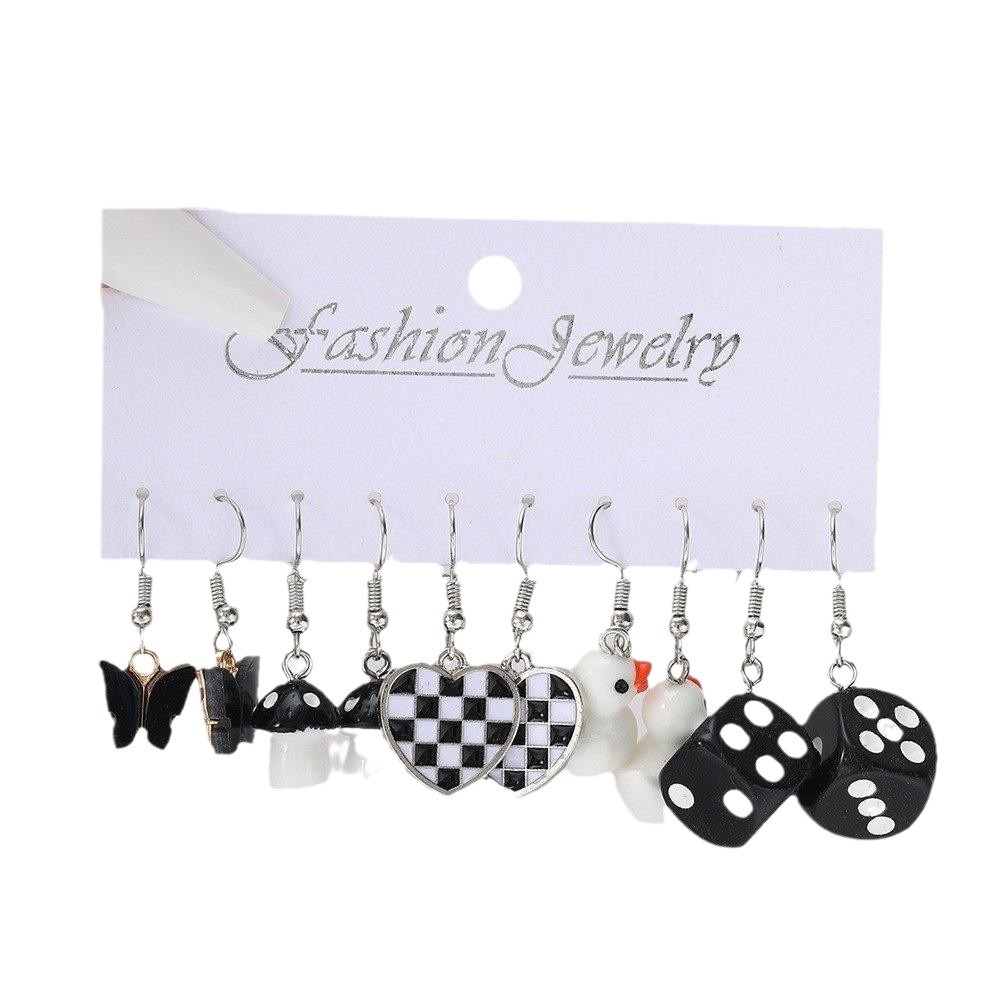 Wholesale of 5-piece cross-border fashion and creative black checkerboard pattern mushroom dice earrings and simple butterfly heart-shaped earrings Item Picture