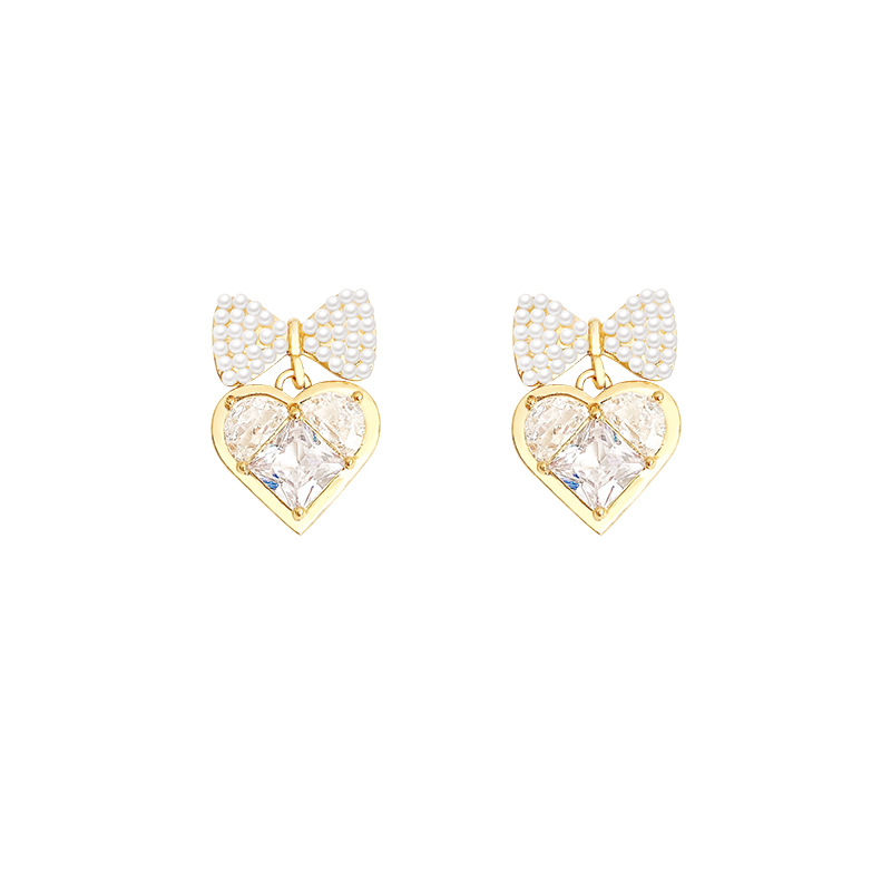 Silver needle pearl bow zircon heart-shaped earrings, cold style, niche design sense, simple and individual stud earrings for women Item Picture