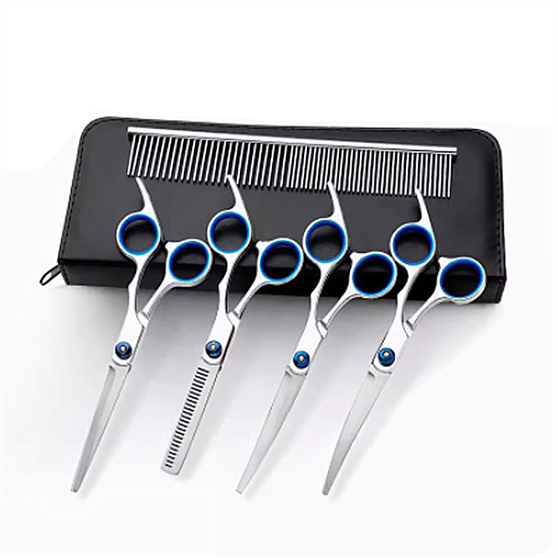 Pet scissors set, dog scissors, hair scissors, flat scissors, curved scissors, teeth scissors, upper and lower curved scissors, fish mouth scissors, blue caps, pink caps wholesale Application Scenario