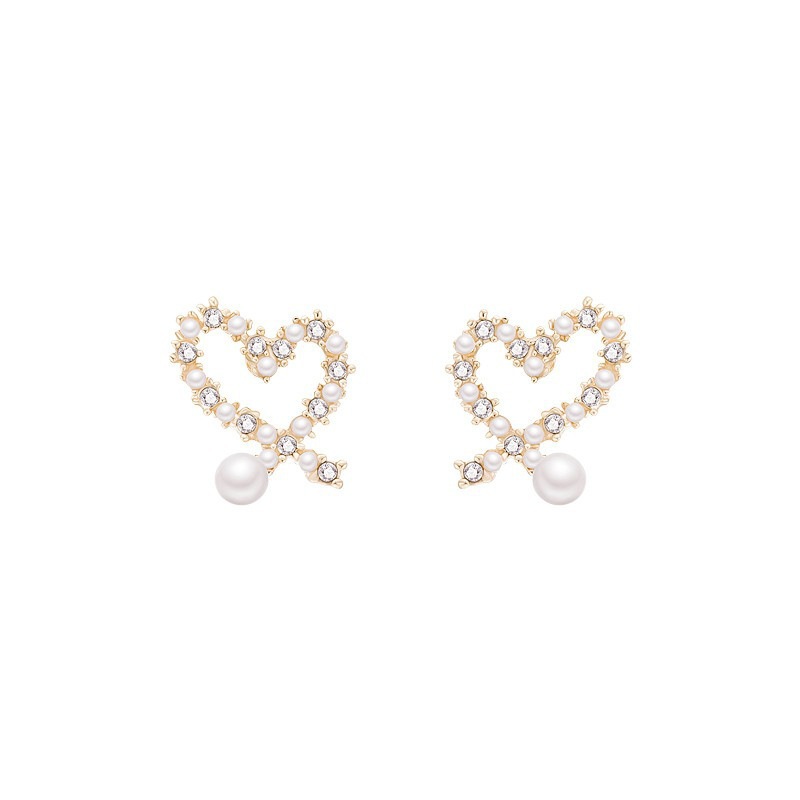 S925 Silver Needle Korean style, unique and irregular hollow heart-shaped pearl earrings, small and versatile, heart-shaped stud earrings for women Item Picture
