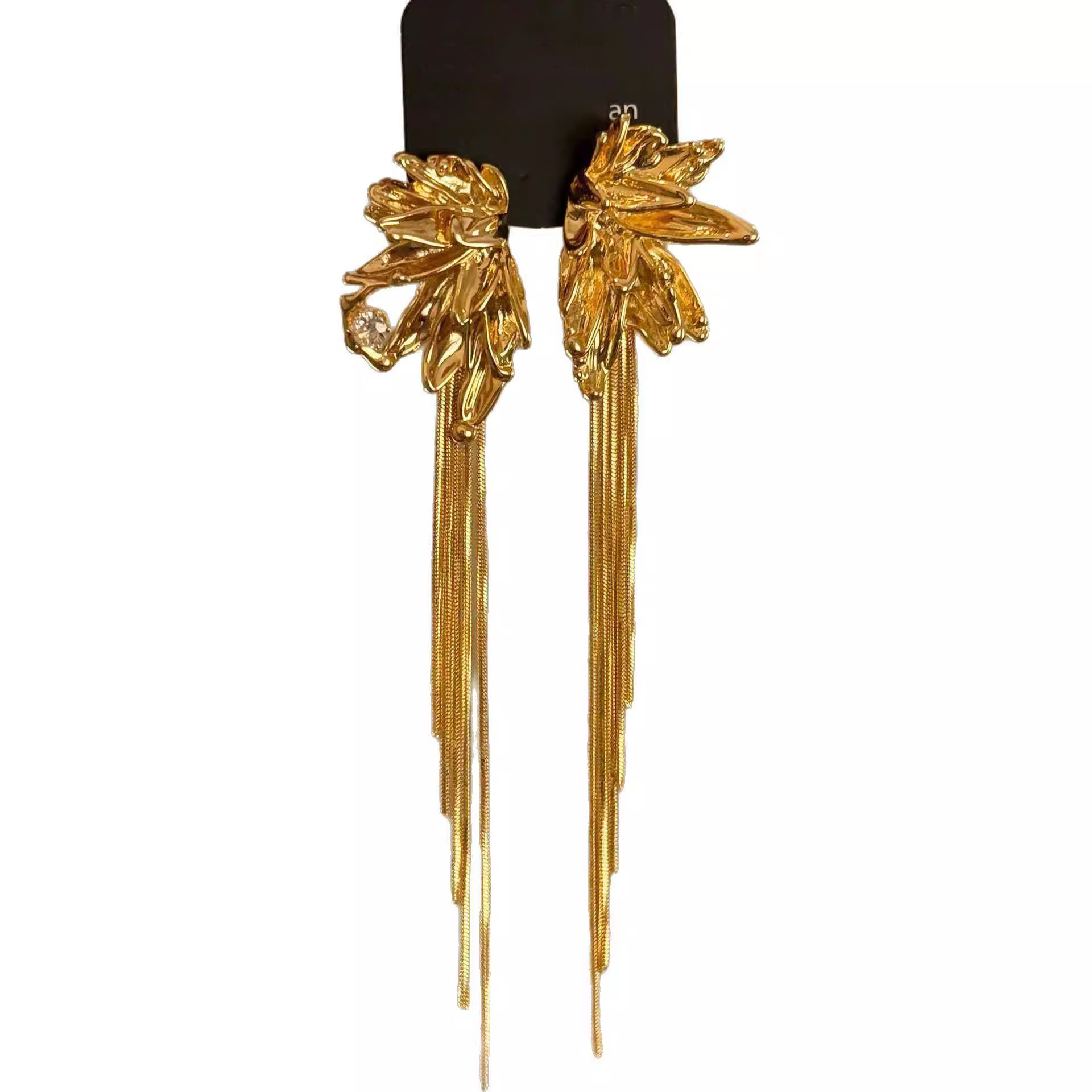 Retro court-style metal petal tassel earrings, high-end and elegant earrings, women's grand and unique dress stud earrings Item Picture