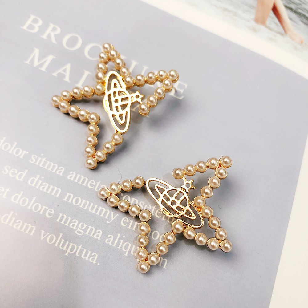 Korean S925 sterling silver needle exaggerated star stud earrings, elegant pearl five-pointed star earrings, versatile and super fairy earrings Specification drawing