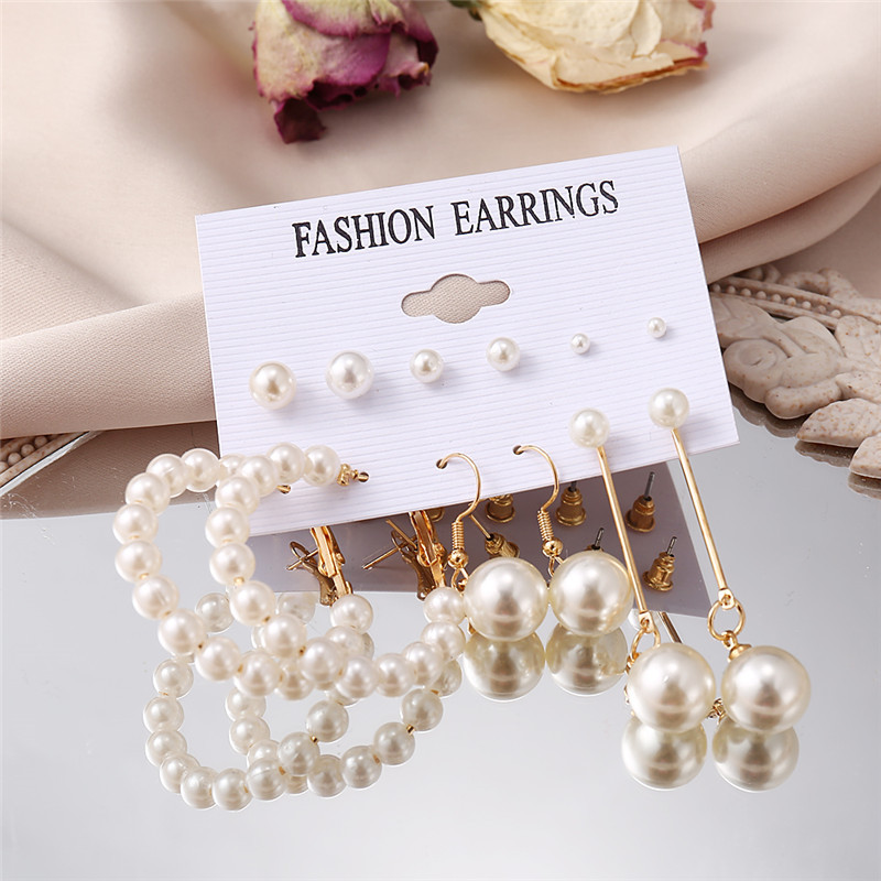 Cross-border retro imitation pearl tassel earrings 6 pairs of creative and simple pearl ear rings and earrings with a high-end feel wholesale Application Scenario
