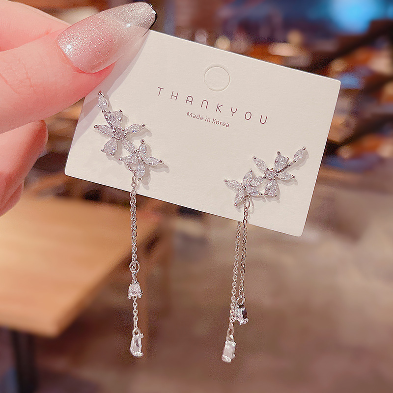 S925 Silver Needle High-end fringed zircon earrings for women, Korean super fairy-like flower earrings, design sense, internet-famous earrings details Picture