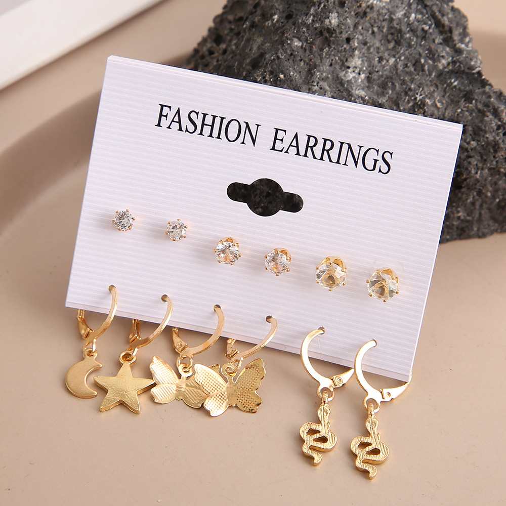 A new cross-border star Moon Snake earring set of 6 pairs from Europe and America, featuring creative and simple butterfly earrings with standing diamond stud earrings Specification drawing