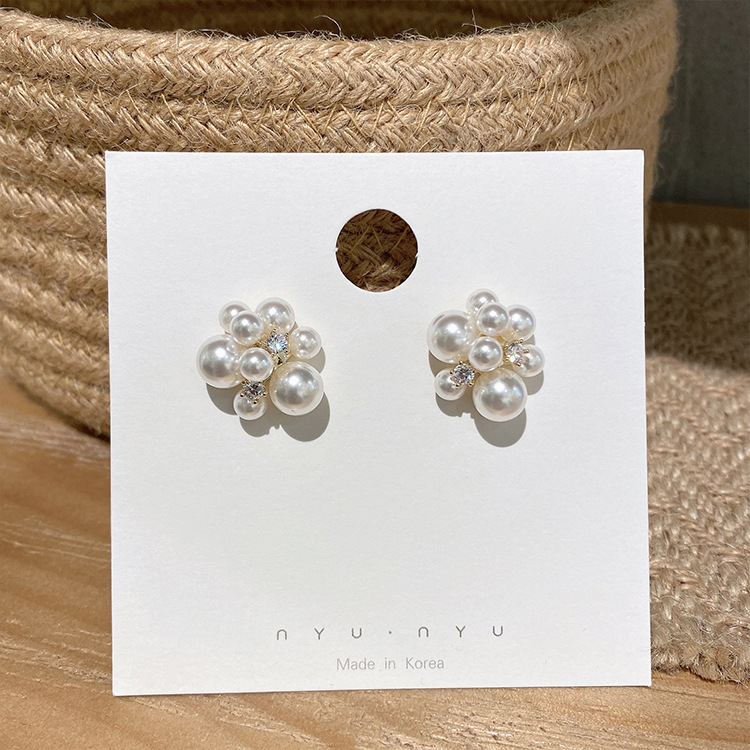 Wholesale of Japanese and Korean style pearl earrings, women's high-end retro zircon stud earrings S925 silver needle earrings details Picture