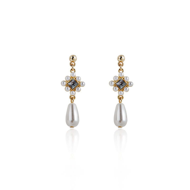 Elegant and refined water drop pearl earrings, long and retro style, versatile water diamond earrings, 925 silver needle wholesale Item Picture