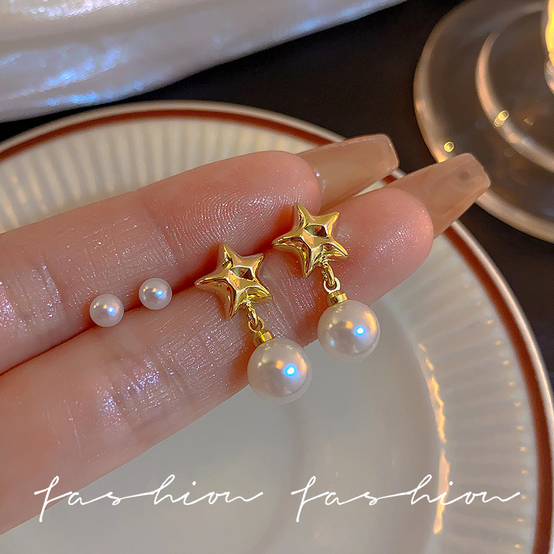 Two-piece pearl star stud earrings, a new bestseller in 2025, with a niche design and a high-end, unique earring for women Specification drawing
