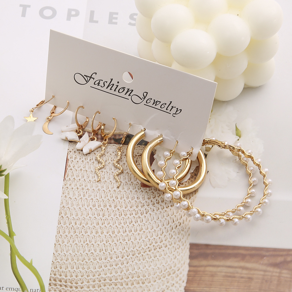 New cross-border independent station Star Moon Snake Earrings Set of 5 pairs, creative acrylic butterfly imitation pearl earrings details Picture