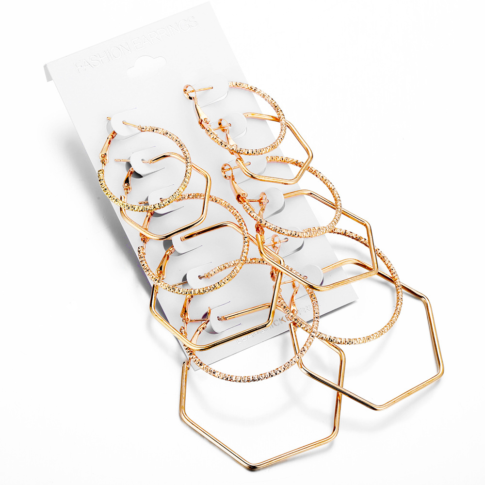 A new cross-border European and American rock exaggerated ear ring geometric polygonal 6-piece set of stud earrings and a personalized earring combination details Picture